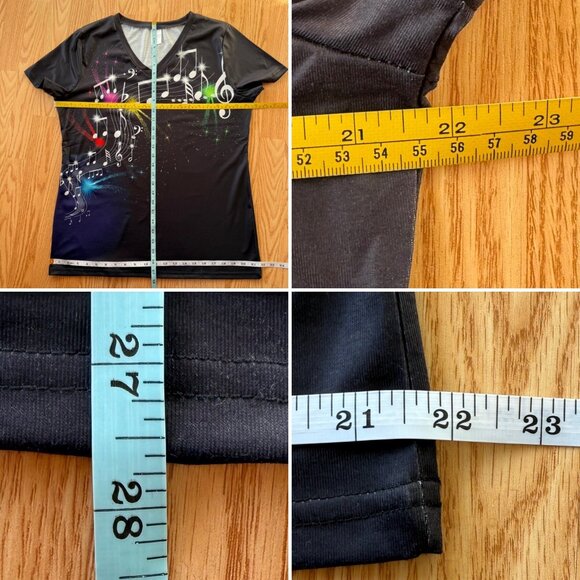 Music Note Graphic Top Size XL Black Short Sleeve Performance Tee V Neck - Picture 6 of 9